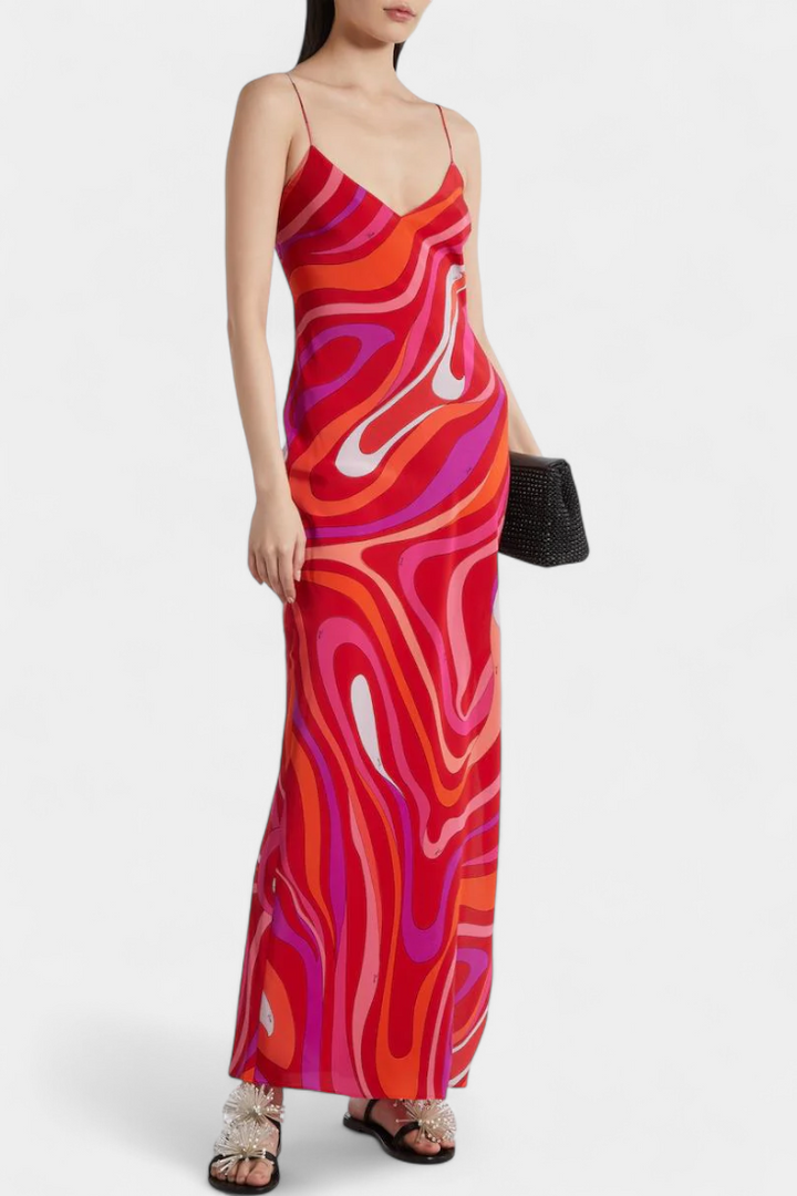 Valera Vestido Largo con Estampado de Remolino y Corte Sin Mangas