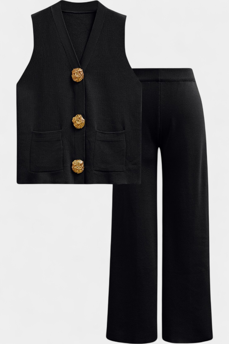 Jacey Conjunto de Punto con Chaleco y Pantalón de Pierna Ancha
