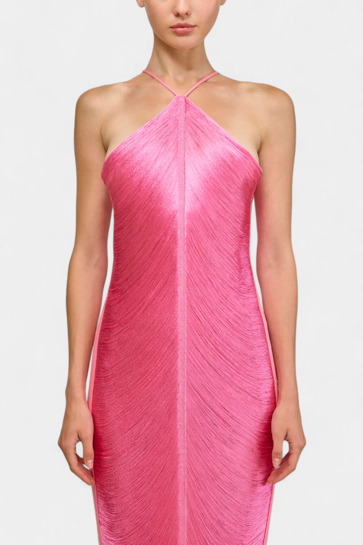 Jianna Vestido Halter con Flecos Metálicos