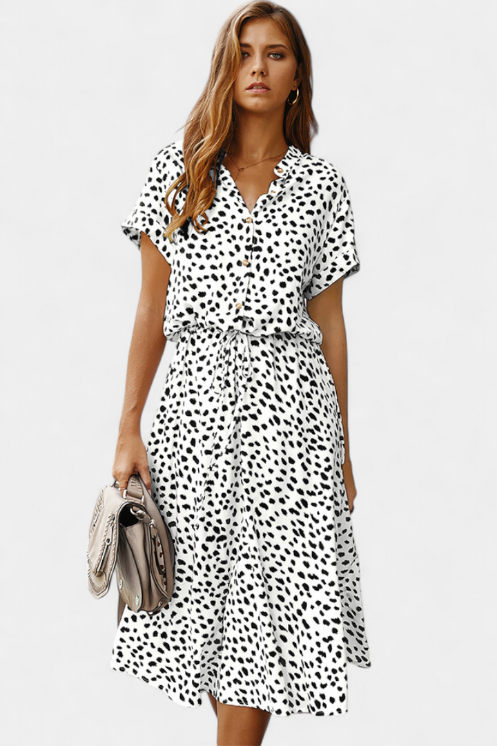 Rovena Vestido Midi de Lunares con Cuello Camisero y Cintura Ajustable