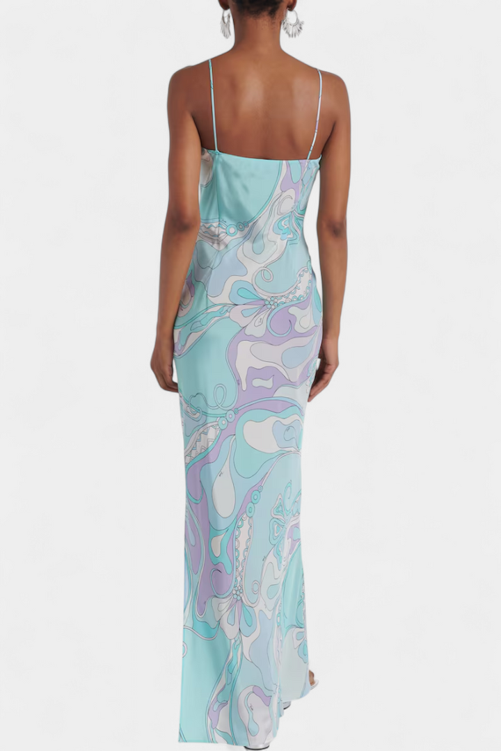 Valera Vestido Largo con Estampado de Remolino y Corte Sin Mangas