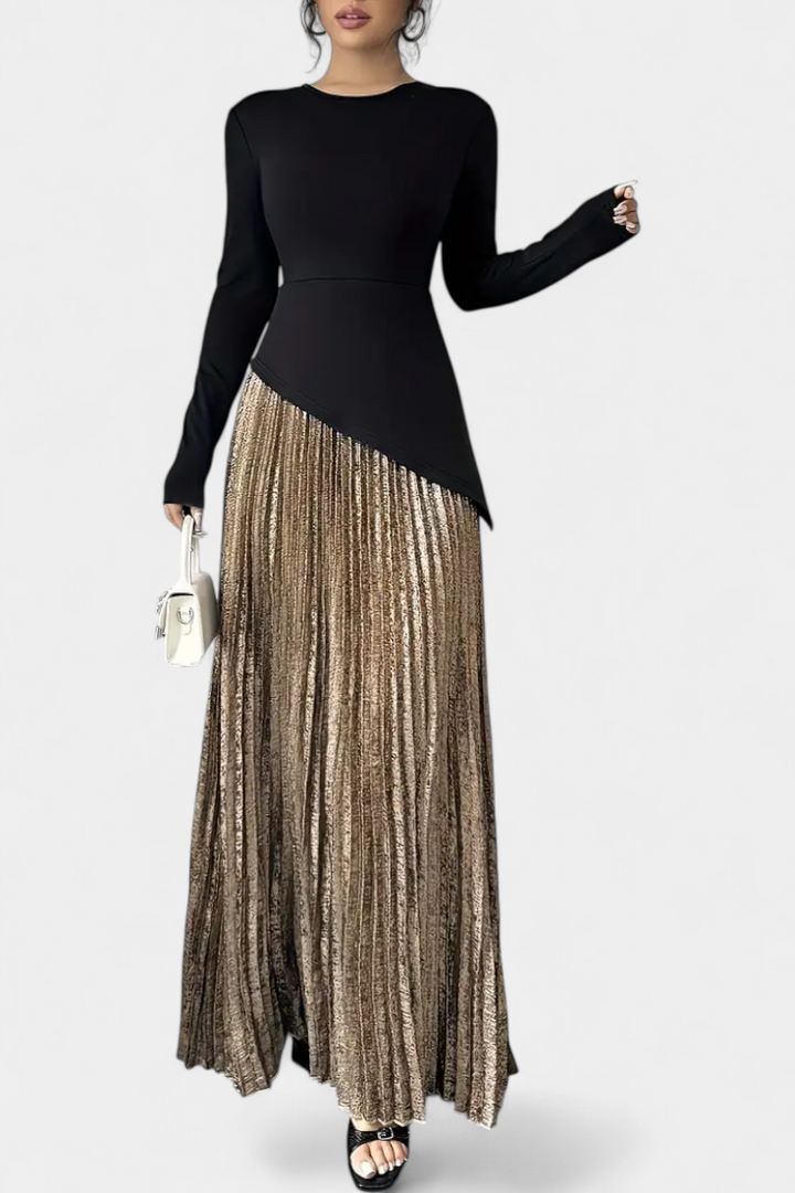 Leya Vestido Elegante de Bloques de Color con Manga Larga