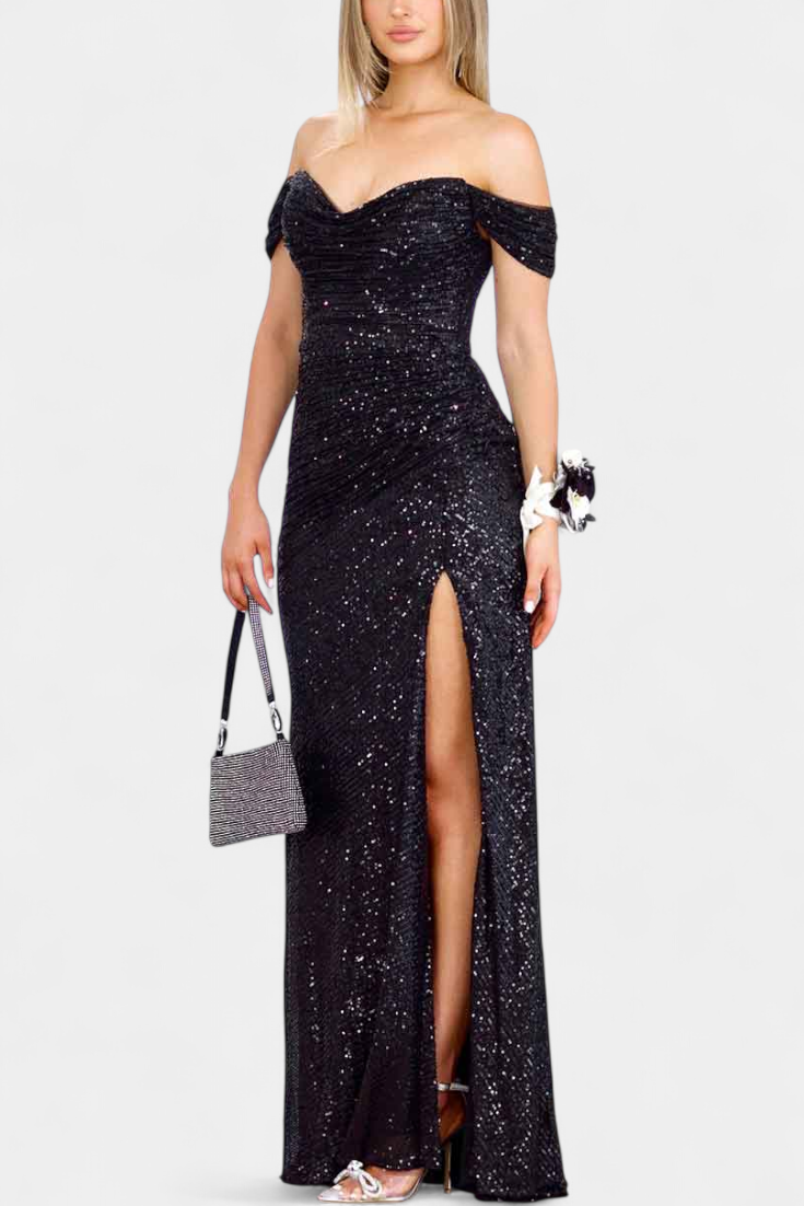 Molinas Vestido de Sirena Off-Shoulder con Lentejuelas