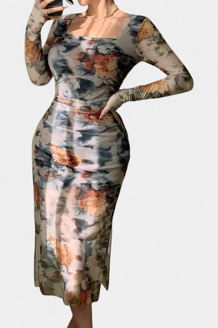 Jaenia Vestido Ajustado con Estampado Floral y Cuello Cuadrado