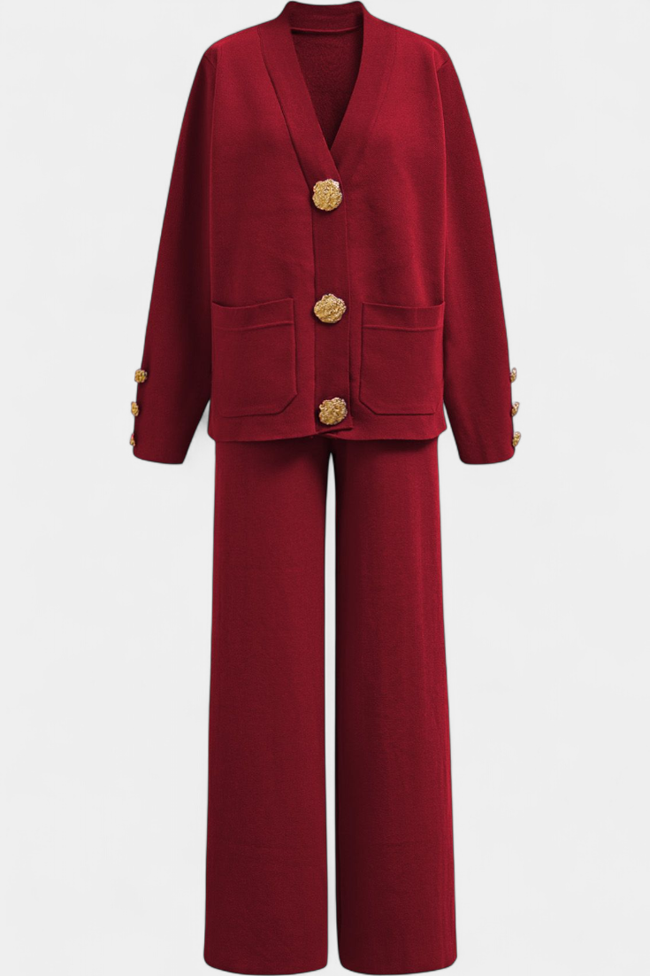 Aireen Conjunto de Punto con Cárdigan y Pantalón de Pierna Ancha