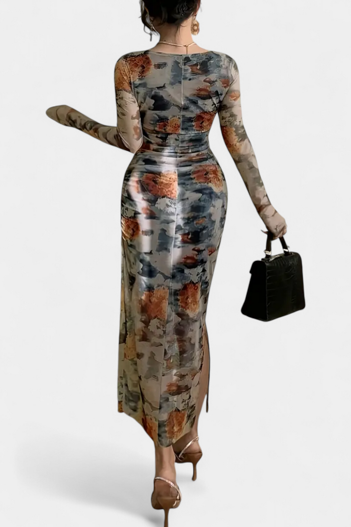 Jaenia Vestido Ajustado con Estampado Floral y Cuello Cuadrado