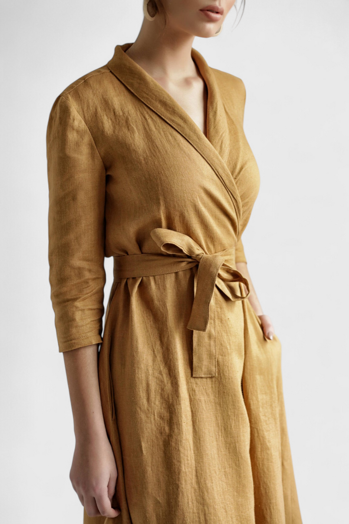 Sharon Vestido Midi Vintage de Algodón y Lino con Cuello de Solapa