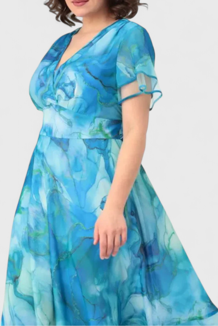 Almira Vestido Azul de Gasa con Estampado Acuarela