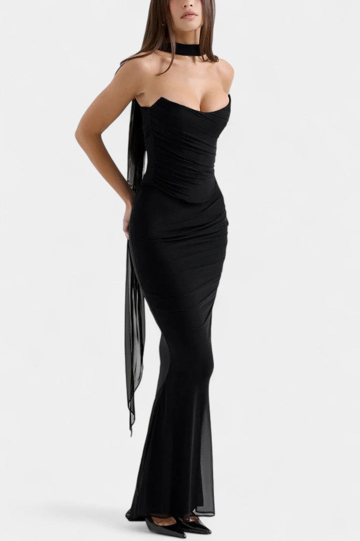 Blair Vestido Maxi de Malla con Corsé Fruncido