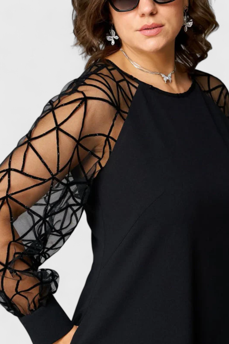Bellezza Vestido Negro con Mangas de Malla y Corte Holgado