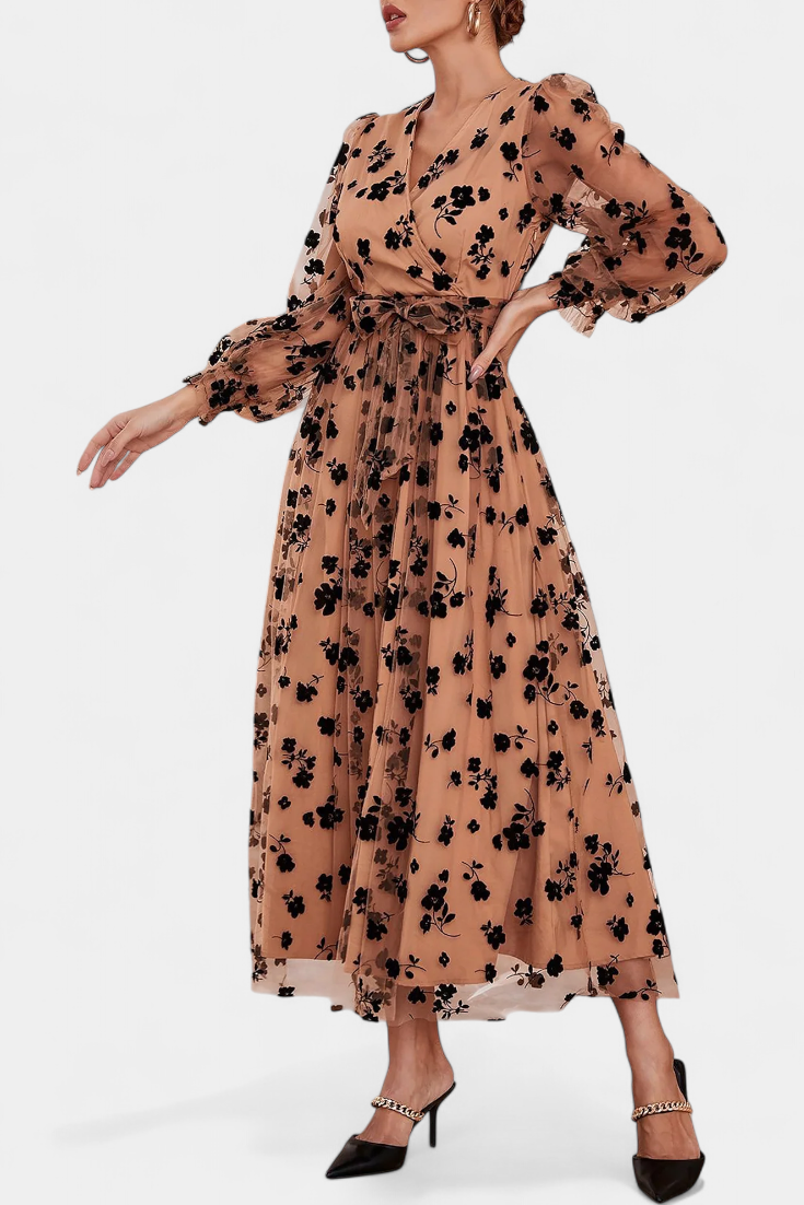 Iolanda Vestido Maxi de Encaje Floral con Mangas de Linterna