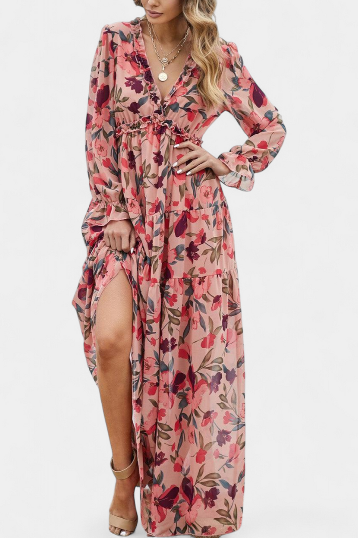 Keti Vestido Maxi Floral con Mangas Largas y Volantes Delicados