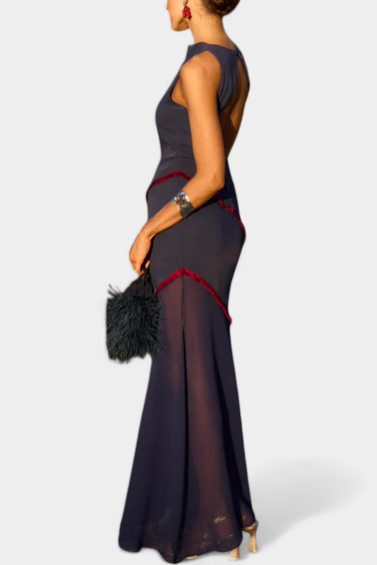 Orfila Vestido Midi Bodycon con Gasa y Flecos a Contraste