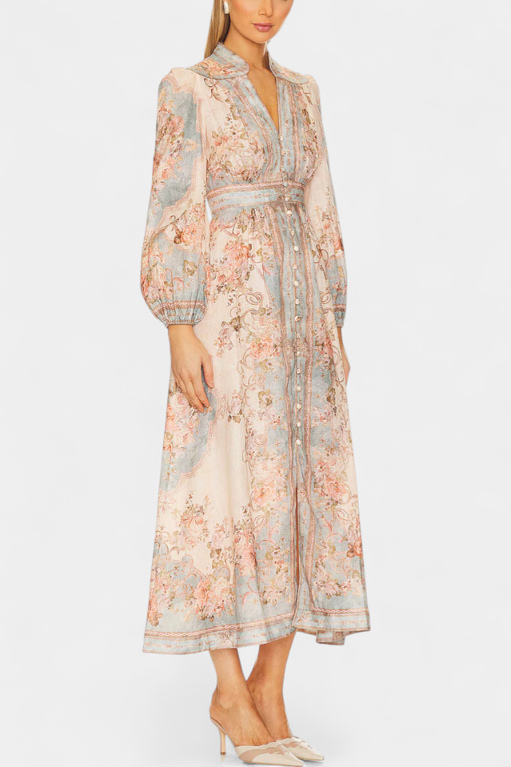 Dorotila Vestido Maxi Acampanado con Estampado Floral, Botones y Mangas Globo