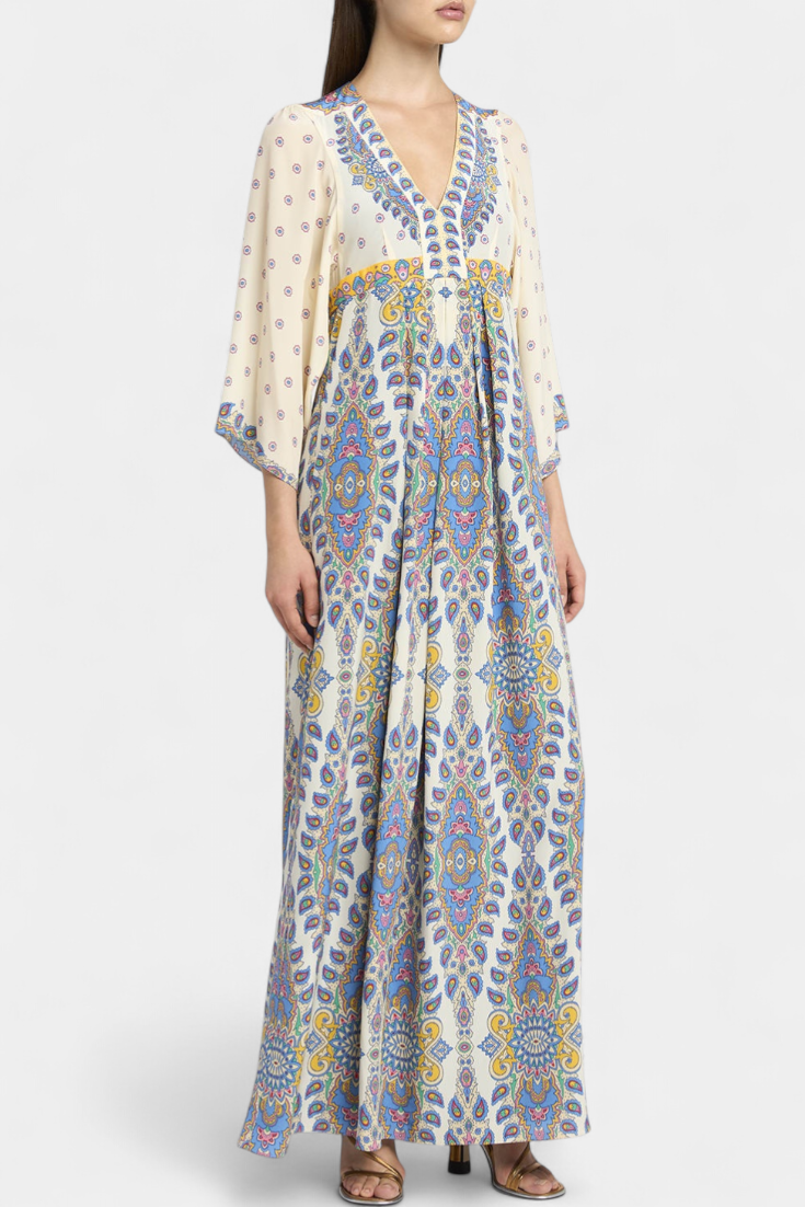 Novia Vestido Largo con Escote en V y Estampado Paisley Elegante