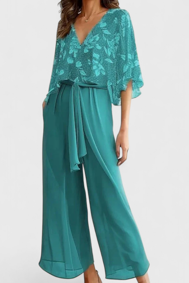 Claribel Conjunto Texturizado de Dos Piezas con Escote en V y Pierna Ancha