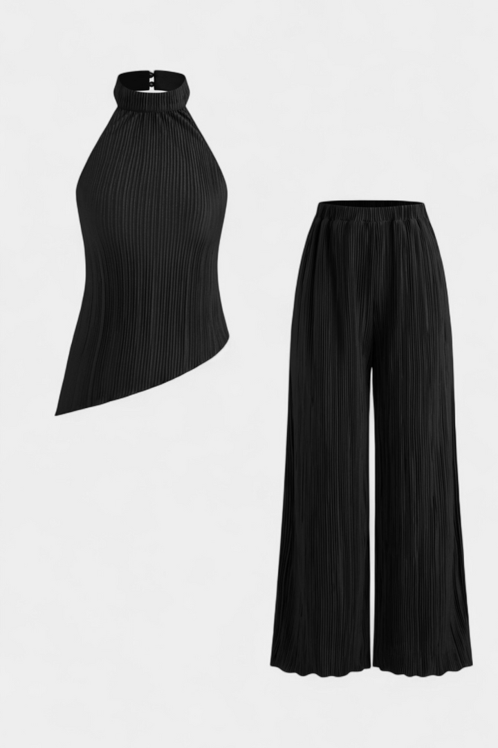 Pilarica Conjunto Plisado con Top Asimétrico Halter y Pantalón Fluido