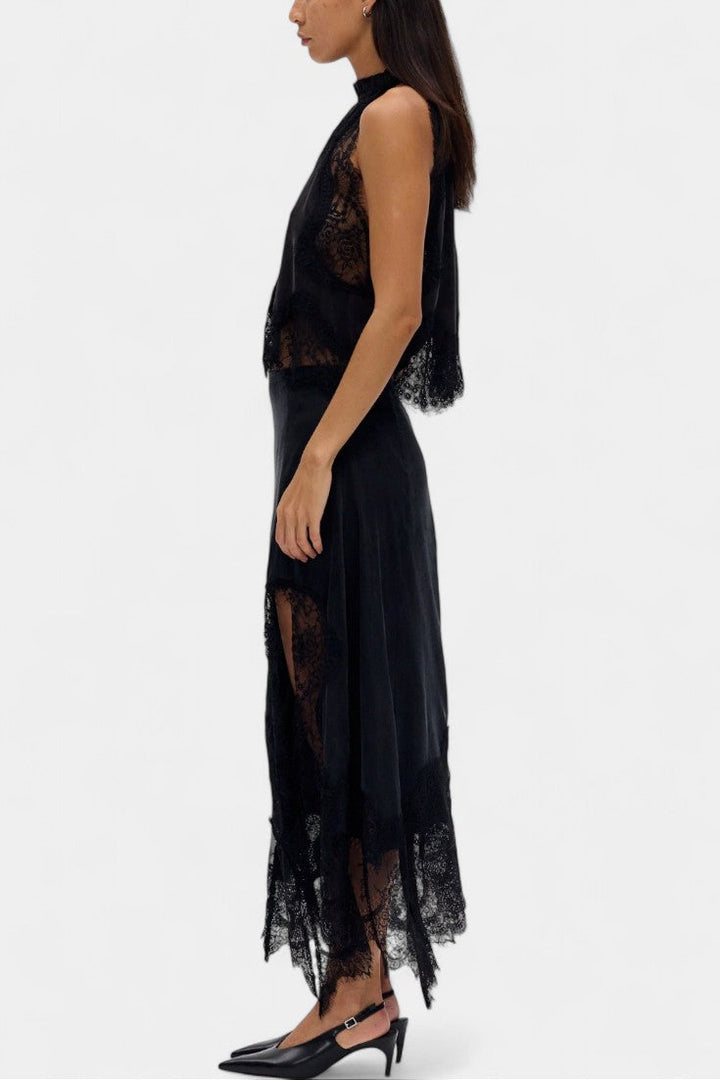 Coralena Conjunto de Falda Midi de Encaje con Dobladillo Asimétrico