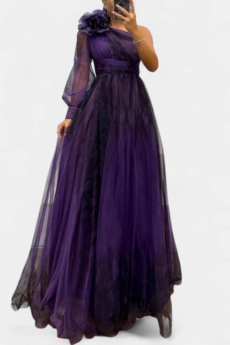 Becca Vestido Maxi de Chiffón con Hombro Descubierto y Flor Voluminosa