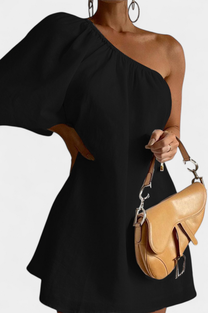 Lupe Asymmetrical Cotton and Linen Dress with Exposed Shoulder