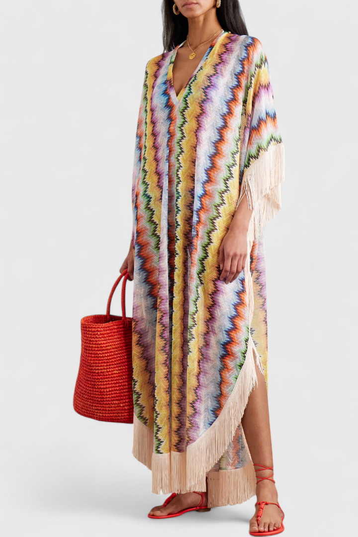 Imelda Kaftán de Crochet con Flecos Decorativos y Corte Holgado