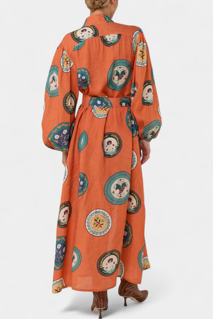 Sibley Vestido Maxi de Lino con Estampado Exclusivo y Cinturón