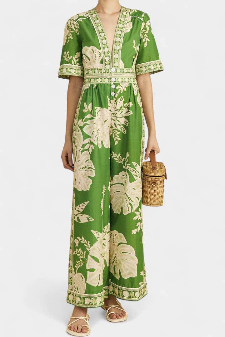 Elli Jumpsuit Verde con Estampado de Monsteras