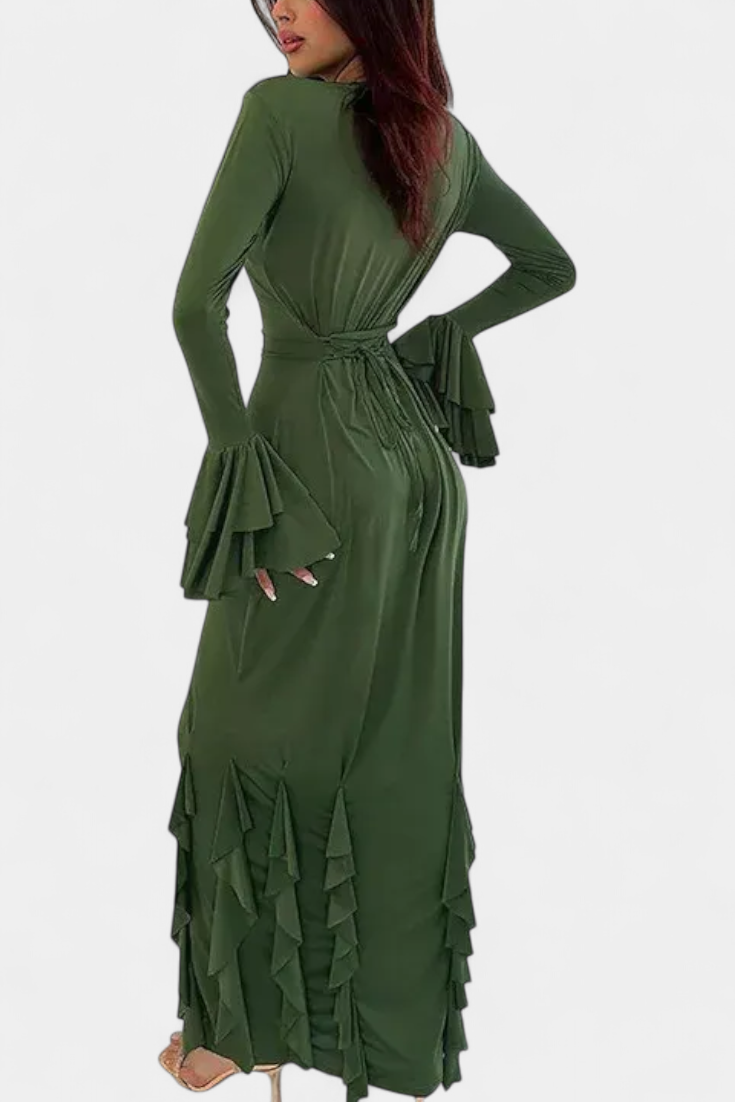 Calissa Vestido Largo con Volantes y Mangas Acampanadas