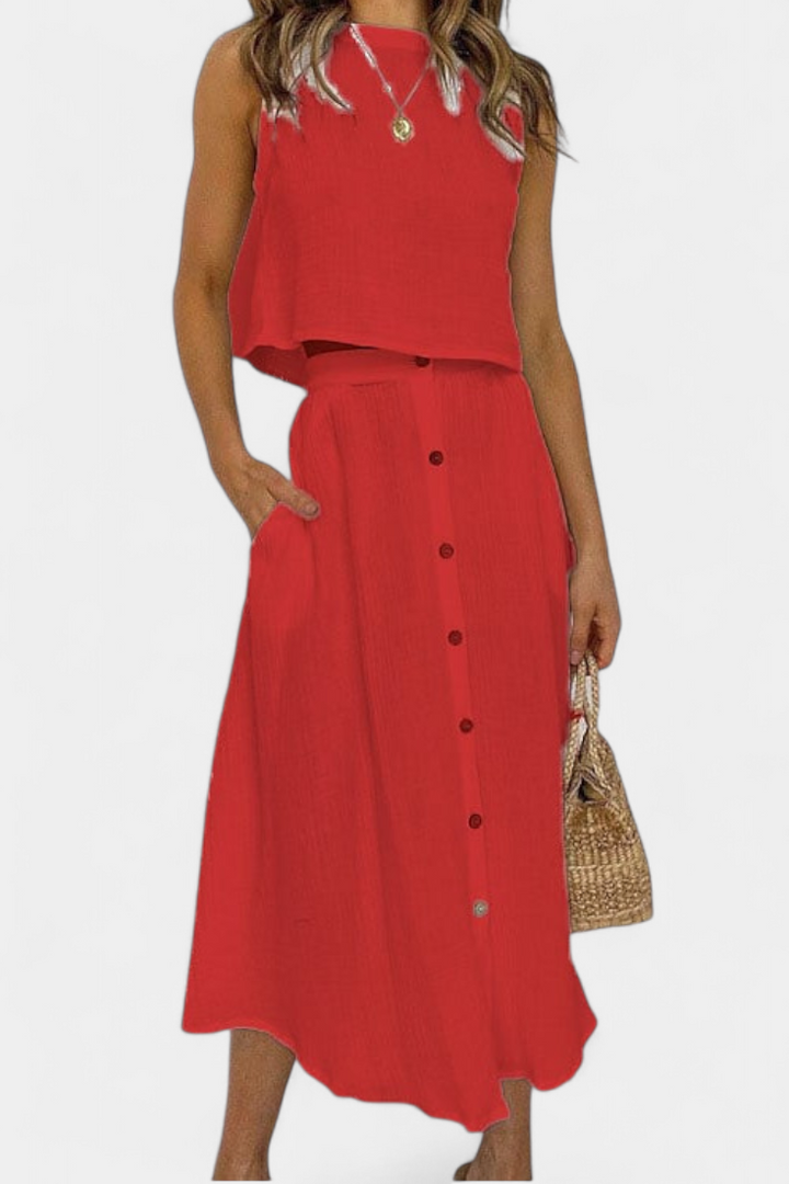 Naha Conjunto de Algodón con Chaleco y Botones Frontales