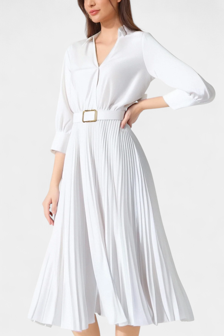 Michelle Vestido Midi con Cuello Sastrero y Cinturón Plisado