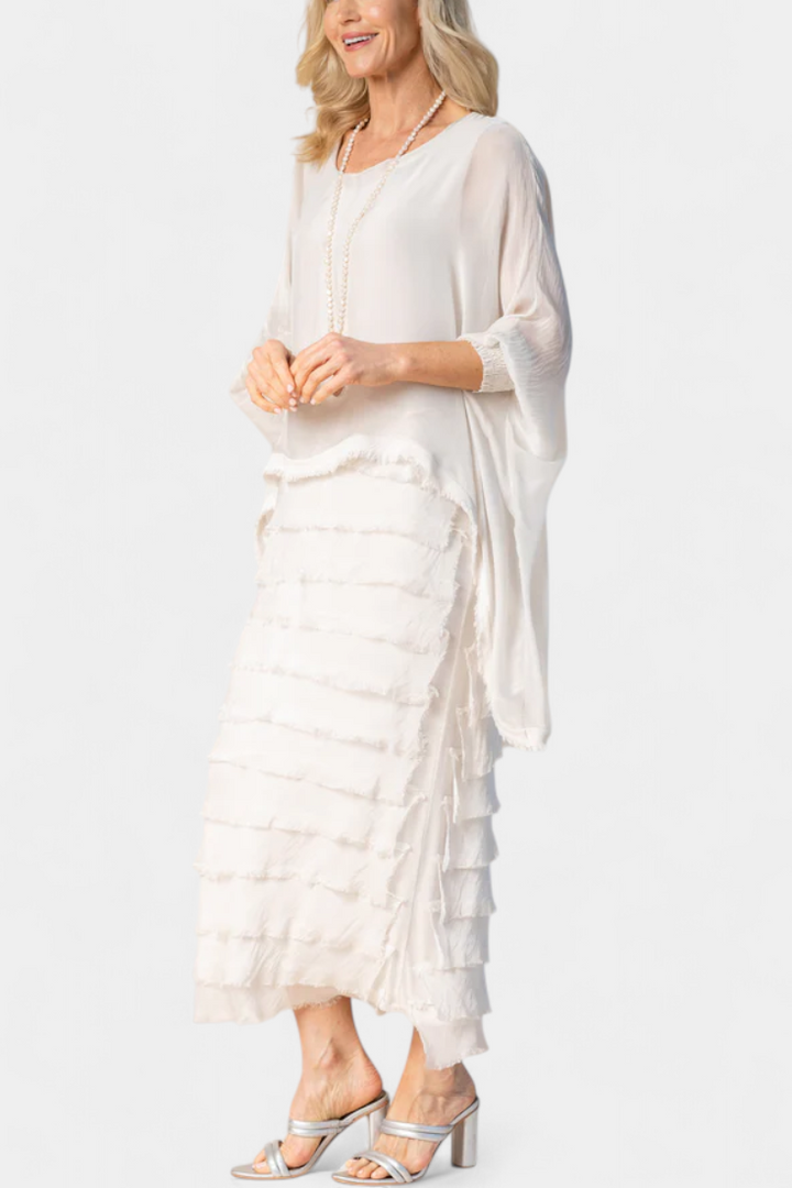 Rosaria Vestido Midi con Volantes y Bordes Deshilachados