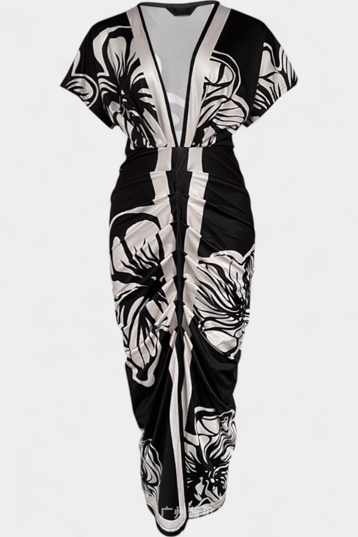 Diva Vestido Largo con Estampado Floral, Escote en V y Abertura Lateral