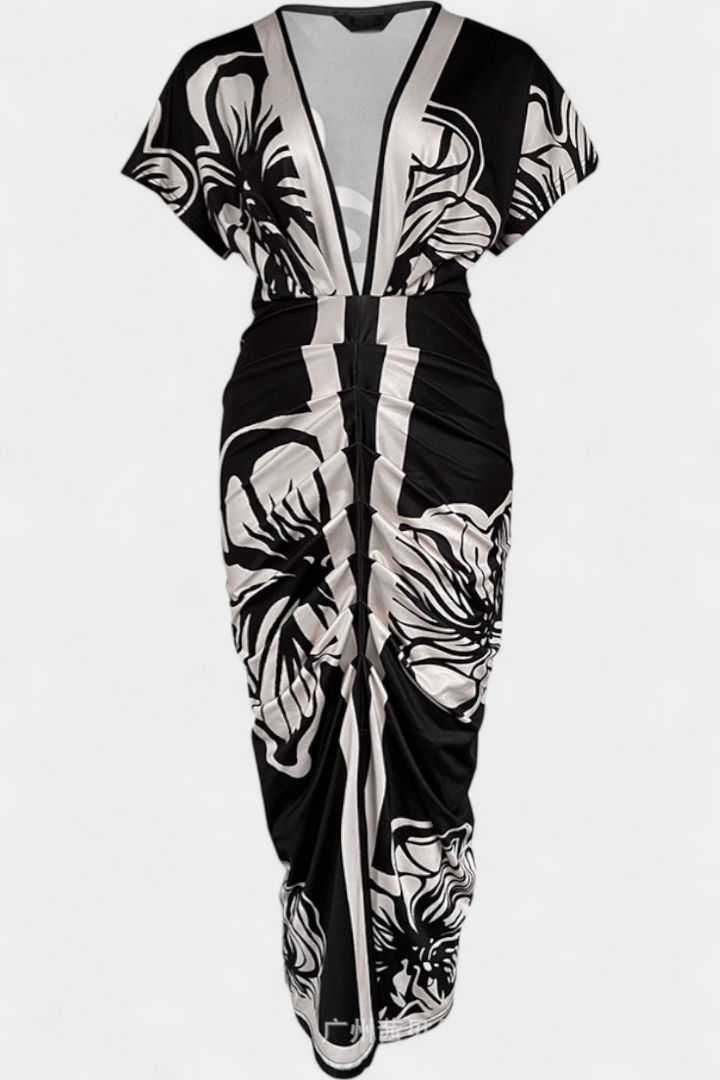 Diva Vestido Largo con Estampado Floral, Escote en V y Abertura Lateral