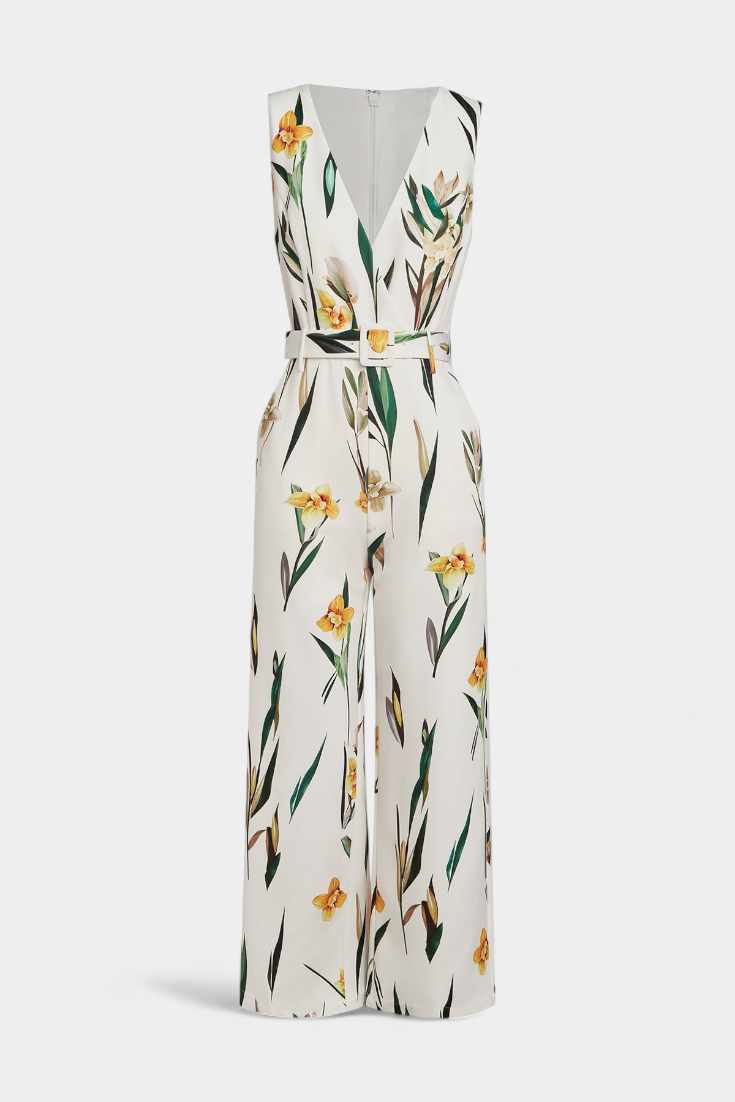 Slara Mono Largo de Vacaciones con Escote en V y Cinturón Ajustable