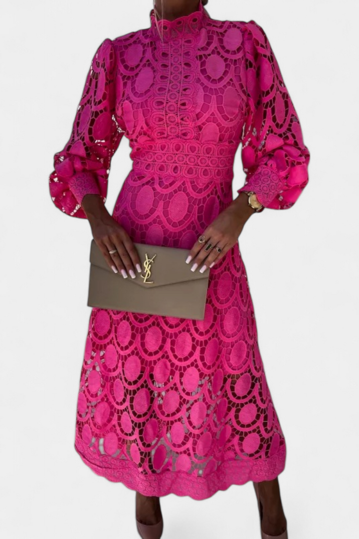 Lucinda Vestido Midi de Encaje con Mangas Farol y Cuello Alto