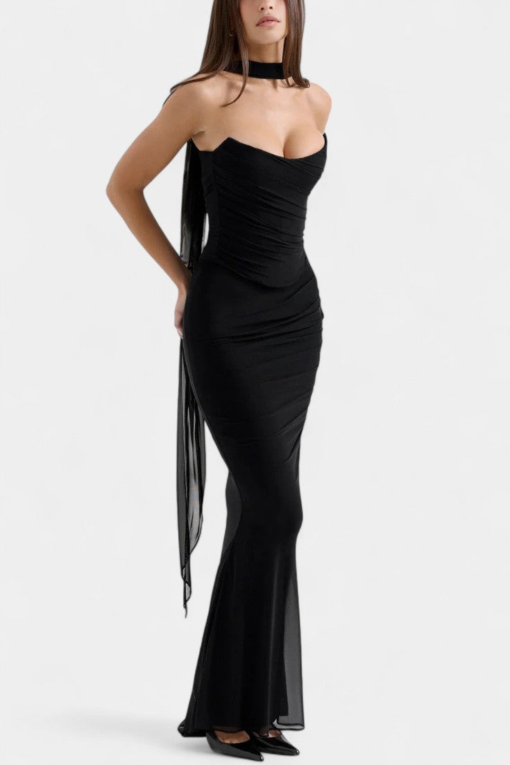 Blair Vestido Maxi de Malla con Corsé Fruncido