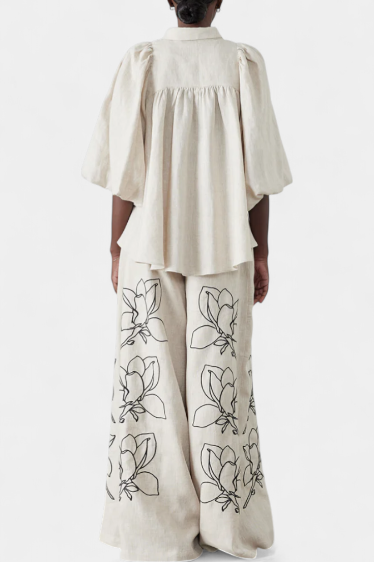 Helen Conjunto Floral de Pantalón Ancho y Manga Globo