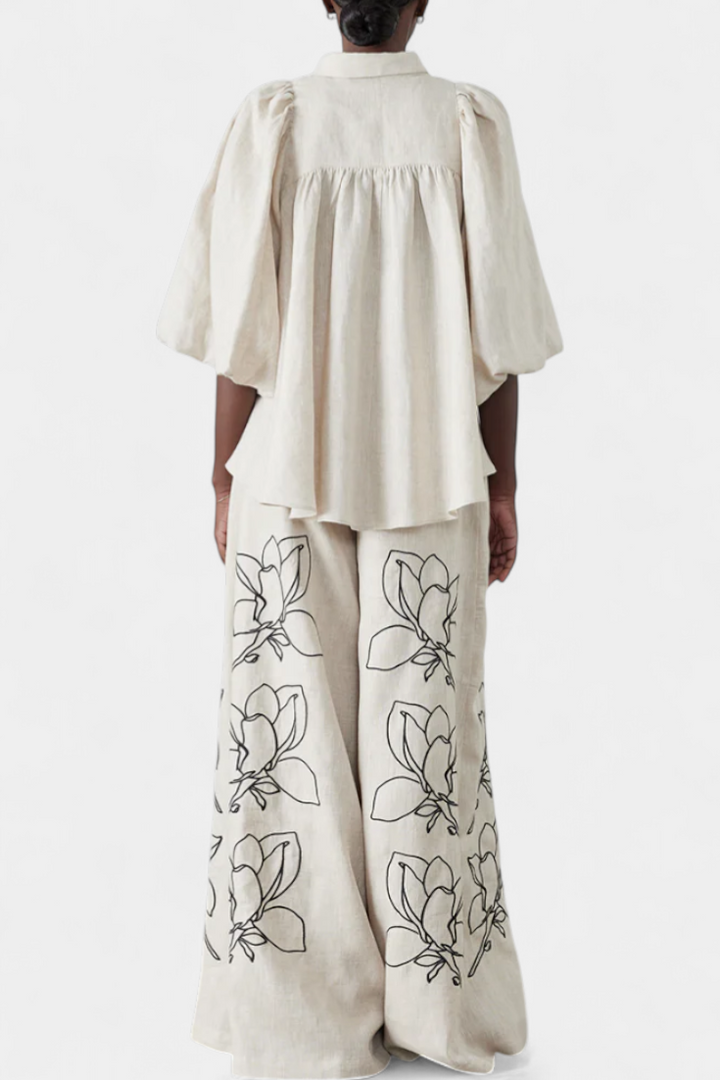 Helen Conjunto Floral de Pantalón Ancho y Manga Globo