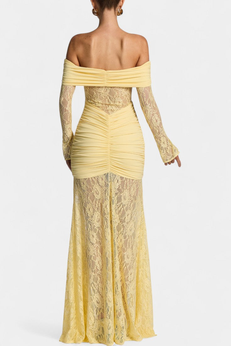 Bruma Vestido Maxi de Encaje con Ruches sin Tirantes