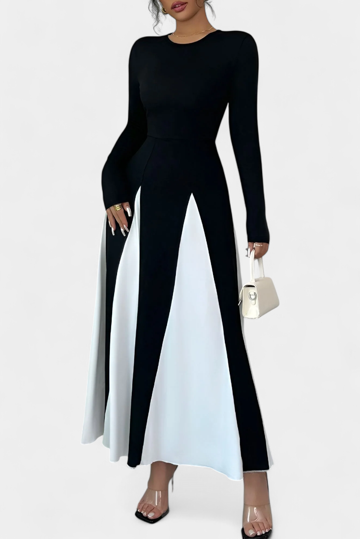 Veronique Vestido Maxi de Manga Larga en Contraste de Color