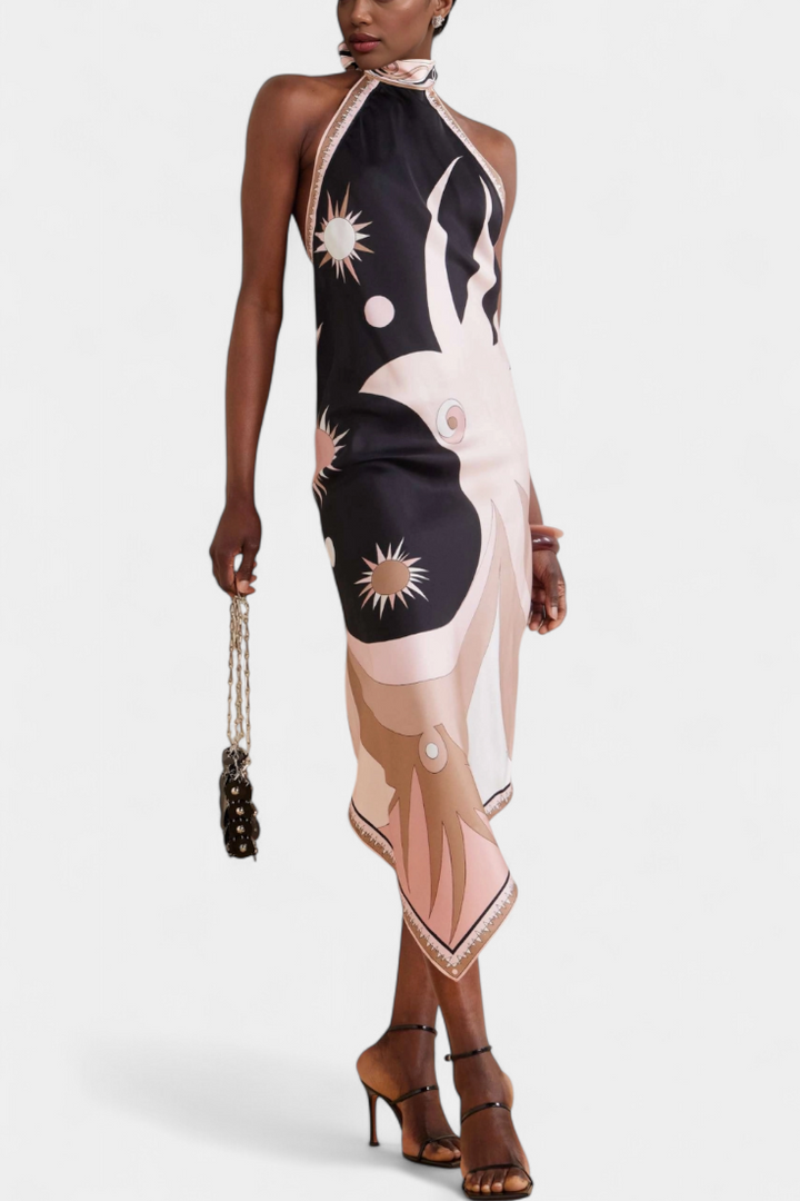 Rosenda Vestido con Espalda Abierta y Estampado Abstracto