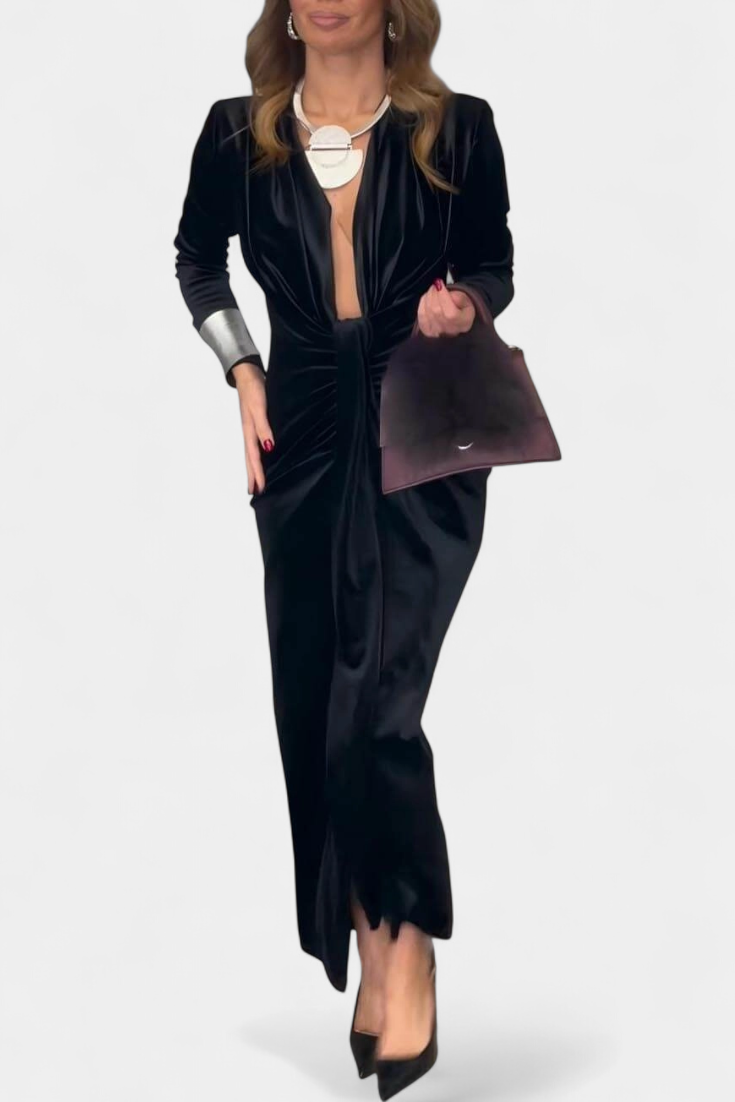 LaVerna Vestido Largo de Terciopelo Dorado con Cuello en V