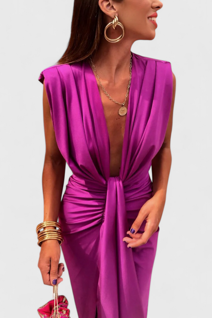 Lakisha Vestido Midi Fruncido con Escote Profundo