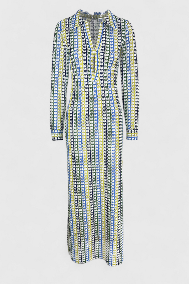 Crisanta Vestido Largo Estampado con Ondas Multicolores y Manga Larga