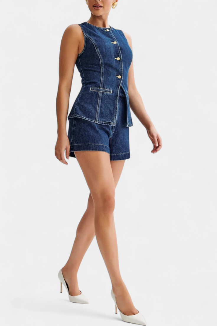 Raya Chaleco Denim sin Mangas y Shorts de Talle Alto