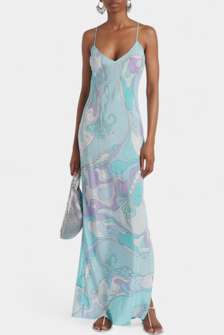 Valera Vestido Largo con Estampado de Remolino y Corte Sin Mangas