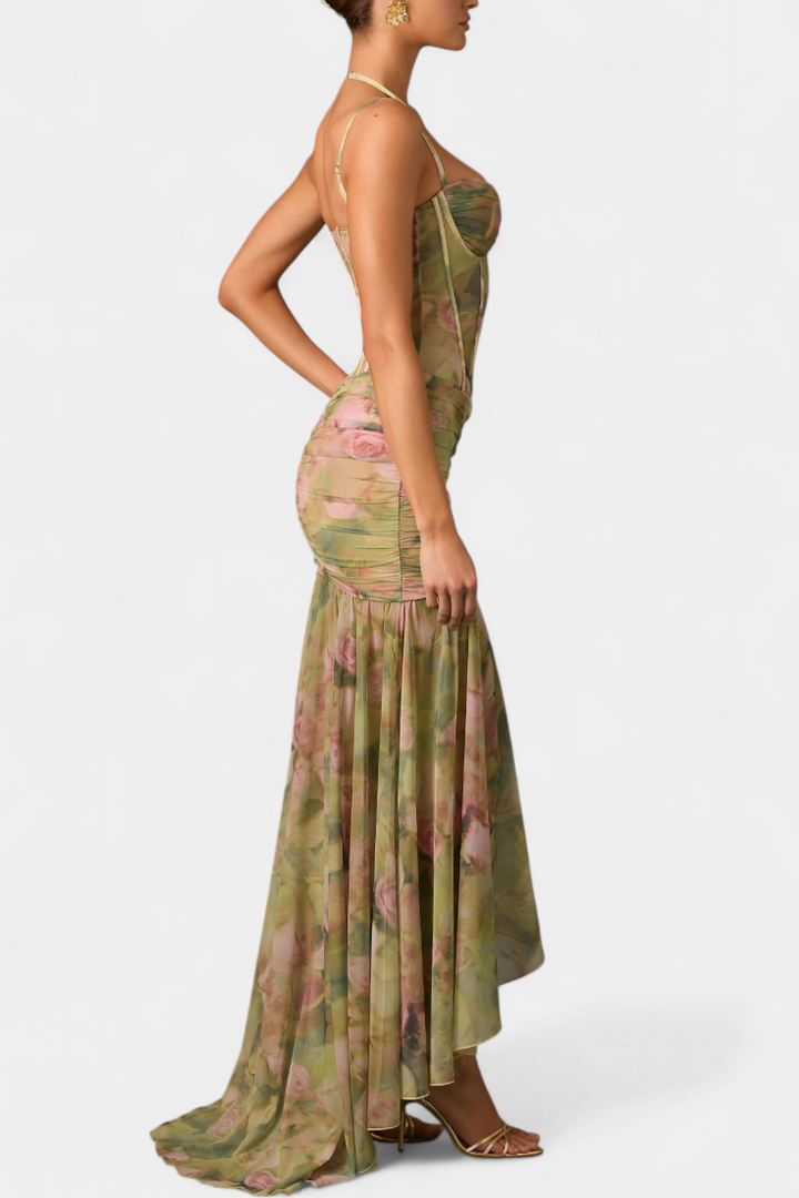 Amryn Vestido Maxi Floral Asimétrico con Volantes