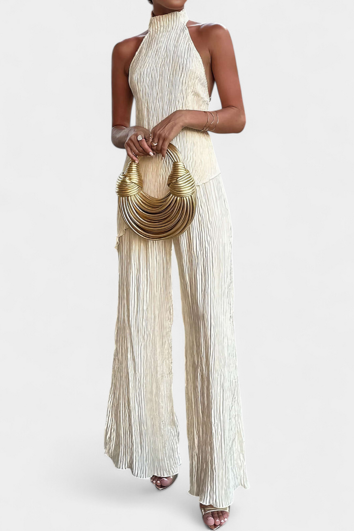 Pilarica Conjunto Plisado con Top Asimétrico Halter y Pantalón Fluido