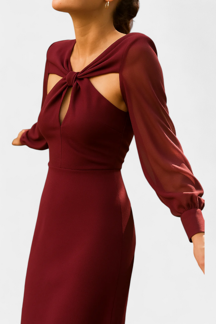 Julissa Vestido Midi Burdeos con Detalle Anudado y Espalda Abierta