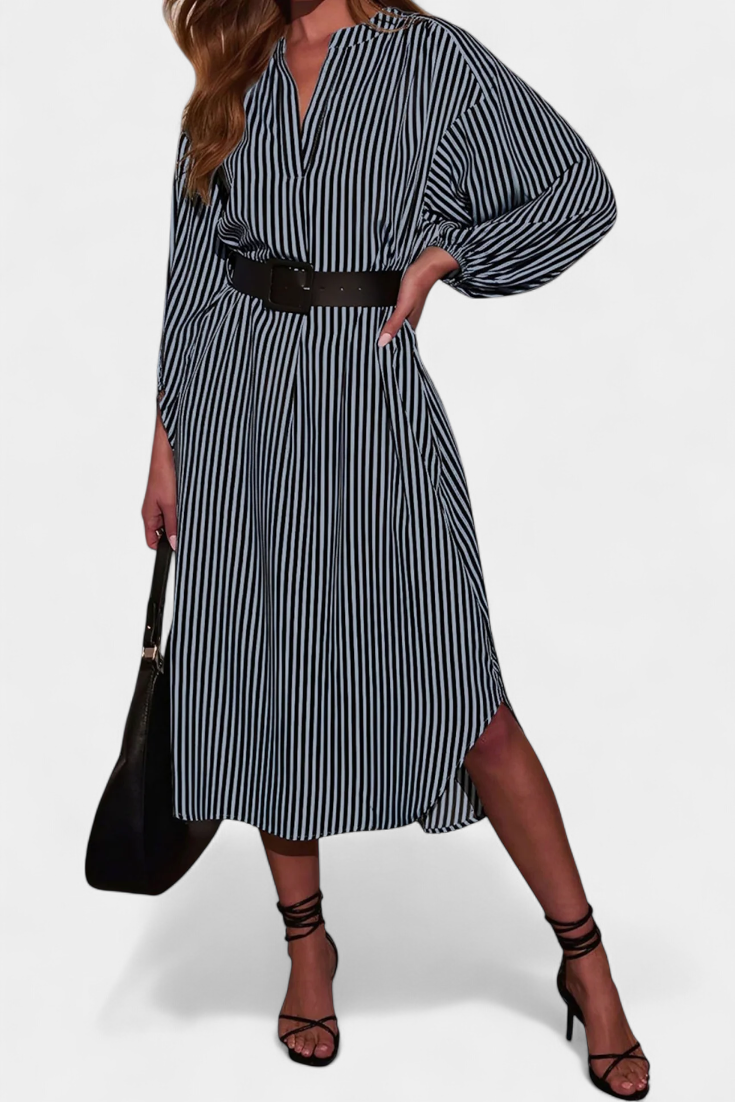 Eliana Vestido Rayado con Cinturón y Cuello de Muesca